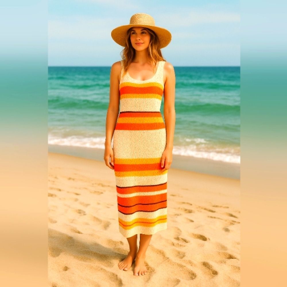 Zara Crochet  Knit Beach Retro  Striped Midi Dress  Small NWOT